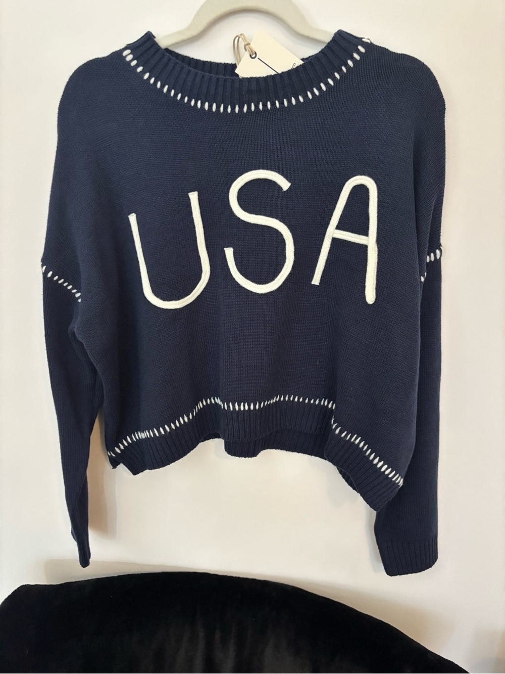 moon & madison Navy Crewneck Sweater with White USA Script